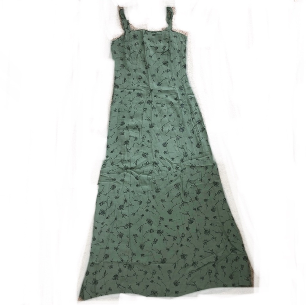 🍁 Vintage Y2K Sage Olive Green Floral Midi Long Fall Dress American Eagle - Picture 5 of 6